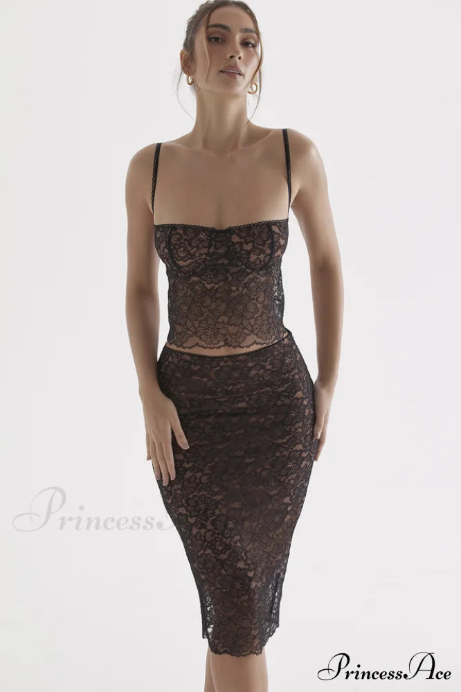 Jacinta Lace Camisole Top Graceful + Midi Skirt Set M / Black