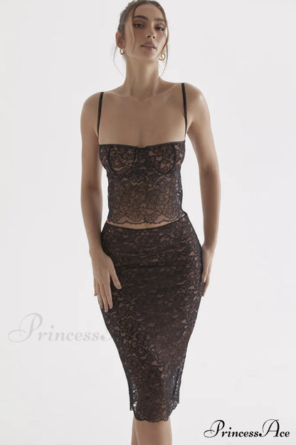 Jacinta Lace Camisole Top Graceful + Midi Skirt Set M / Black