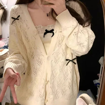 Kawaii Bow Hollow Out Solid Knit Cardigan Beige / S cardiagn-250126