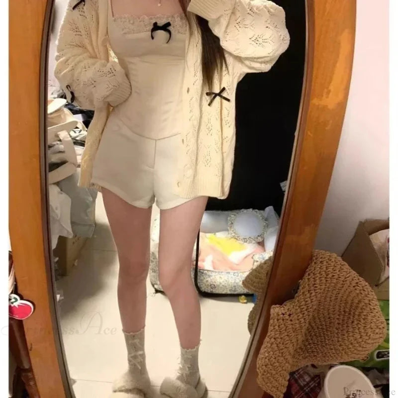 Kawaii Bow Hollow Out Solid Knit Cardigan cardiagn-250126