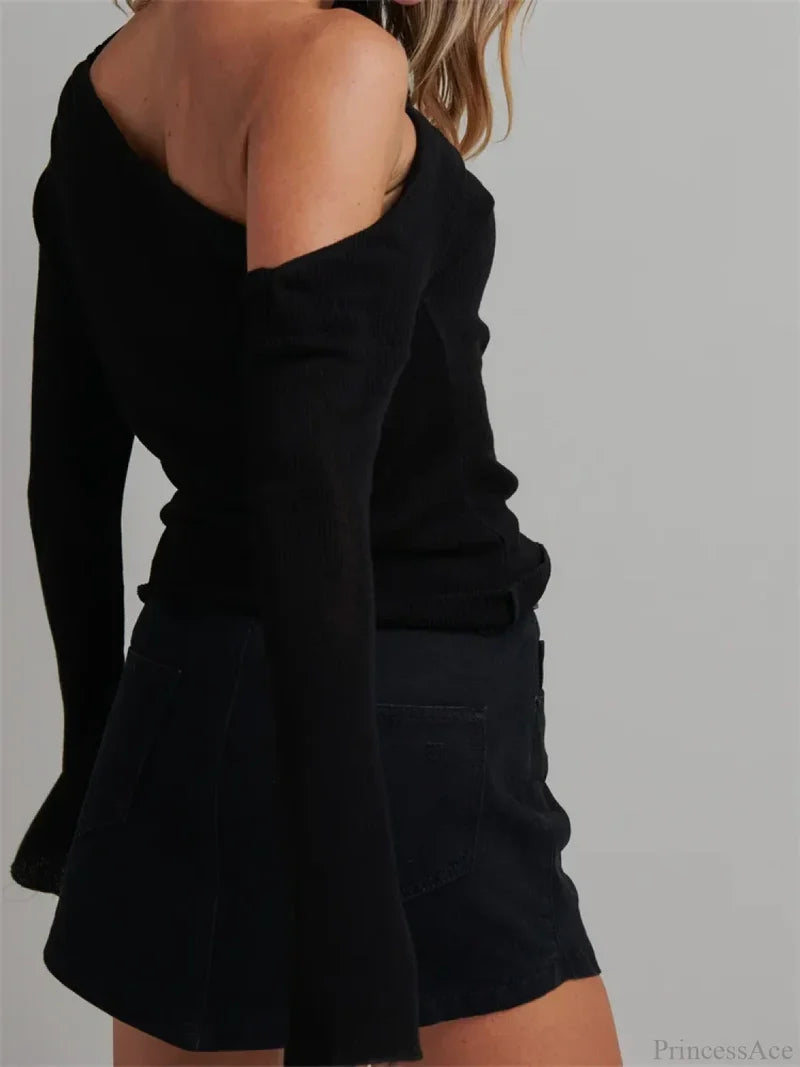 Knitted Long Flare Sleeve Solid Slim Fit T-Shirts Off Shoulder