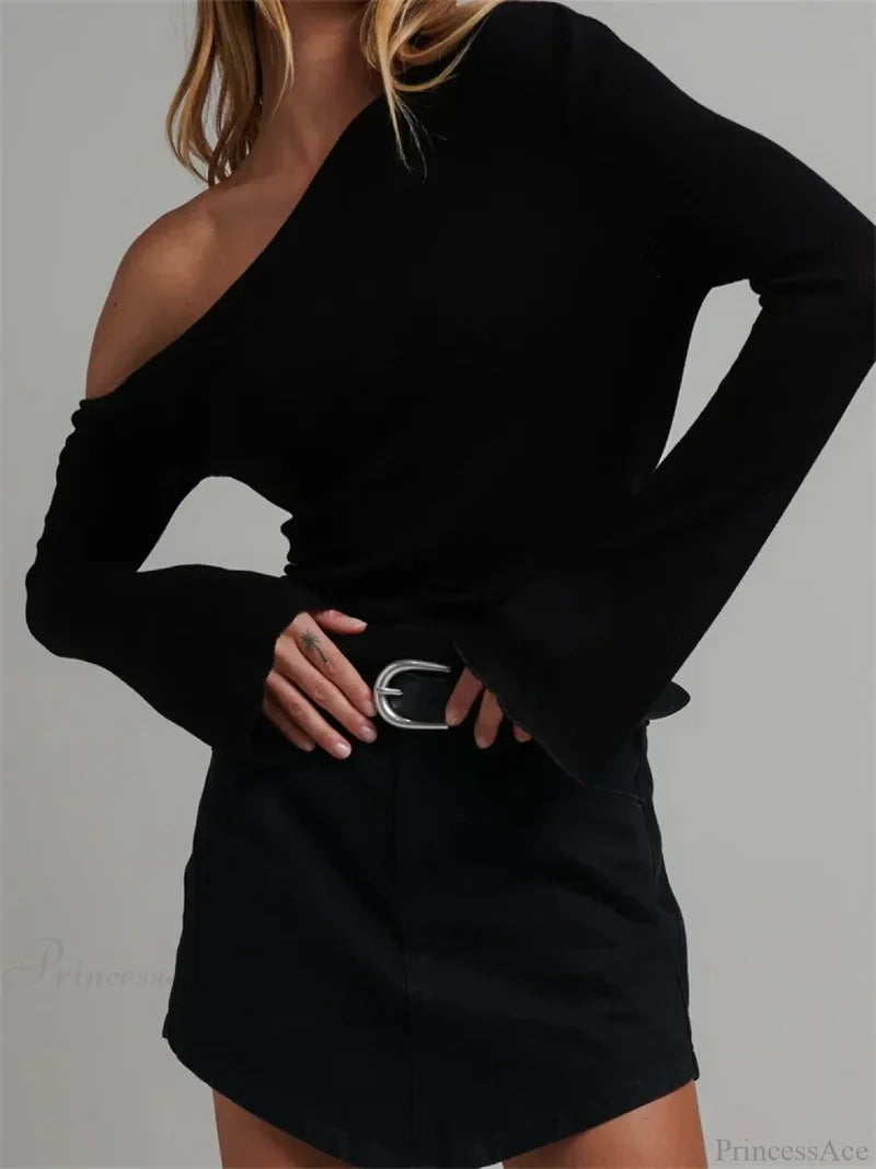 Knitted Long Flare Sleeve Solid Slim Fit T-shirt