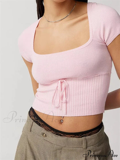 Knitted Ribbed Solid Color Short Sleeve Square Neck Drawstring T-Shirts