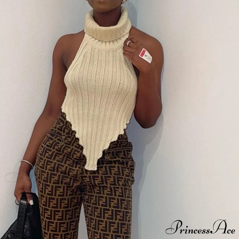 Knitted Turtleneck Stylish Backless Crop Top Shirts & Tops