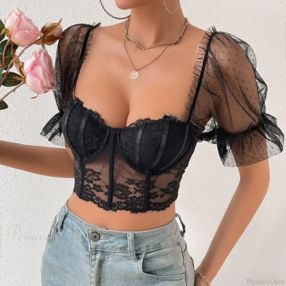 Korean Mesh Sheer Puff Sleeve Lace Crop Top croptop-250126