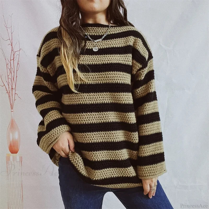 Korean Style Striped Oversized Sweater Khaki / S