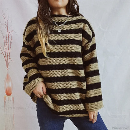 Korean Style Striped Oversized Sweater Khaki / S