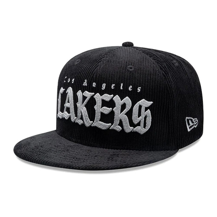 Pictured is this NBA Old English LA Lakers 9FIFTY Snapback cap in black. 1