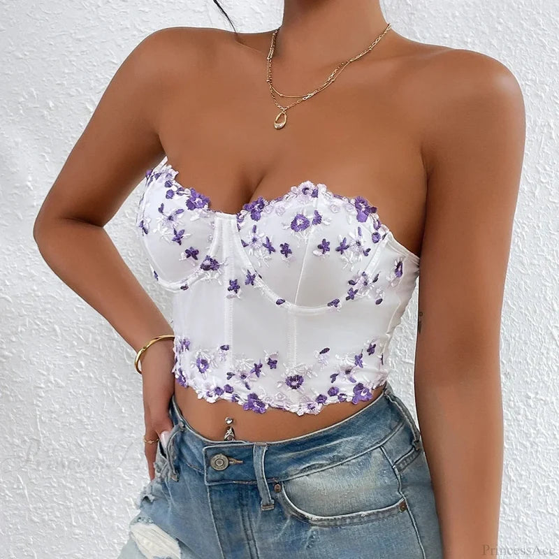 Lace Floral Korean Backless Fishbone Corset Top Purple / S croptop-250126