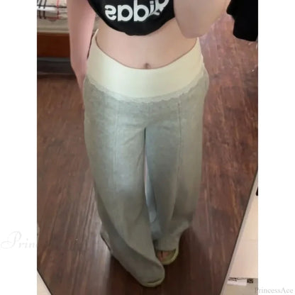 Lace Patchwork Basic Flare Women Pants Grey / S