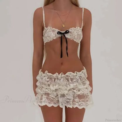 Lace Sheer Spaghetti Strap Camis Mini Skirt Two Pieces Set twopiecesset-250126