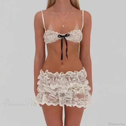 Lace Sheer Spaghetti Strap Camis Mini Skirt Two Pieces Set twopiecesset-250126