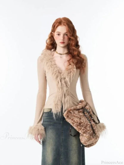 Lace Up Plush V-neck Cardigan Apricot TOPS / S