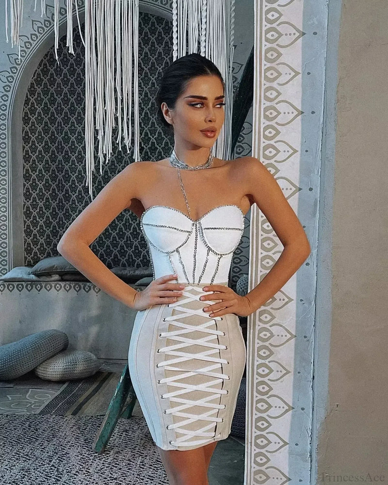 Lace-Up Red Mini Bandage Party Dress White / S Partydress-241208