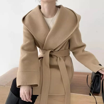 Lace-Up Woolen Hooded Jacket Overcoat Camel / One Size