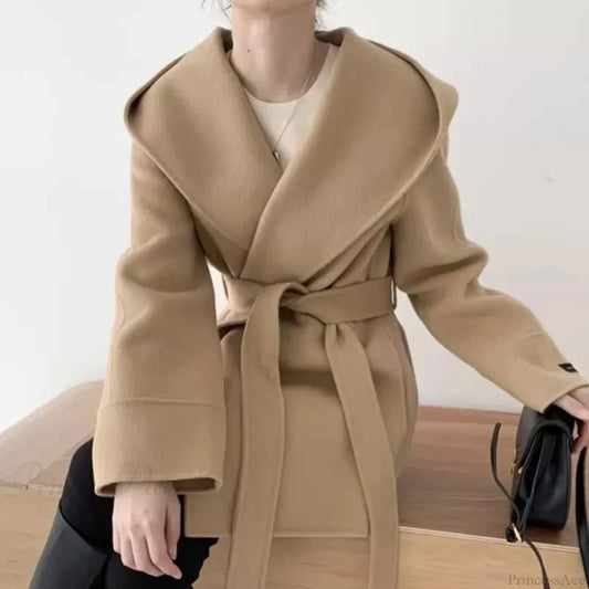 Lace-Up Woolen Hooded Jacket Overcoat Camel / One Size