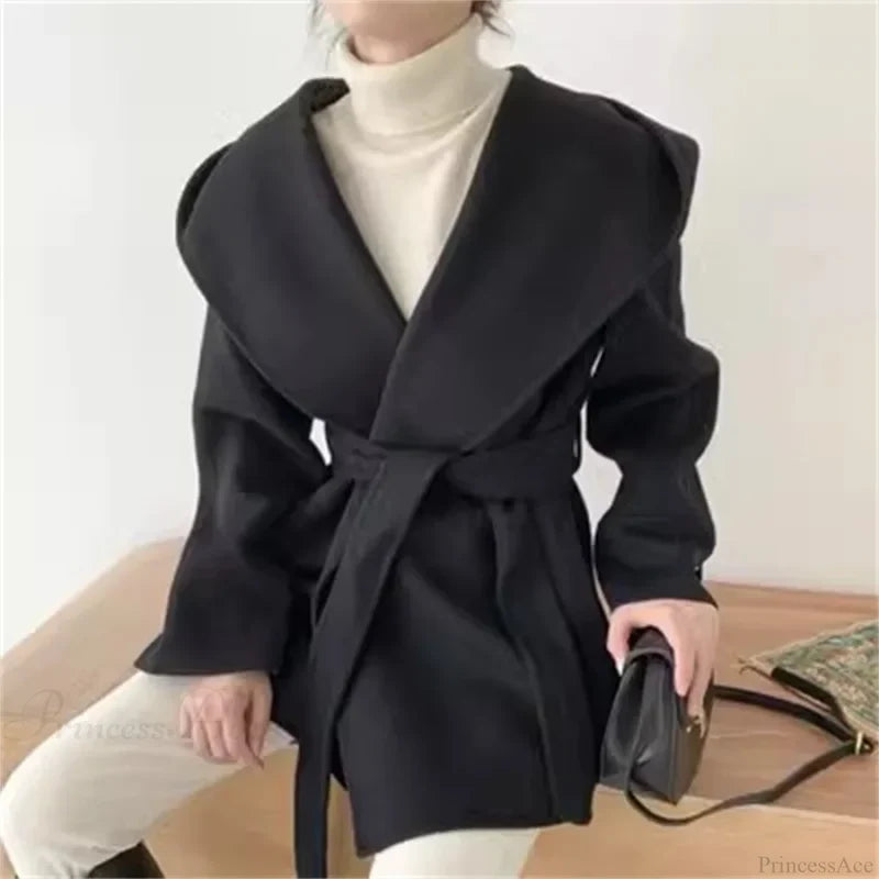 Lace-Up Woolen Hooded Jacket Overcoat Black / One Size