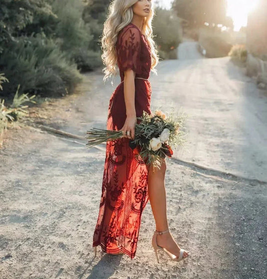 Lace V-neck Short Charming Sleeve Cover Up