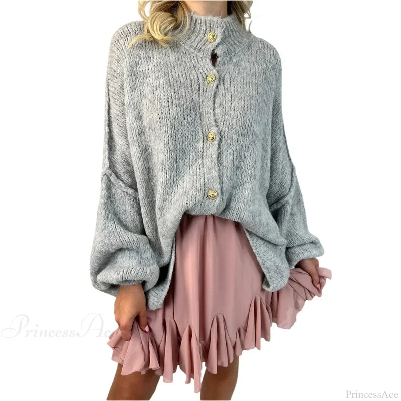 Lantern Sleeve Stand Collar Cardigan GRAY / S