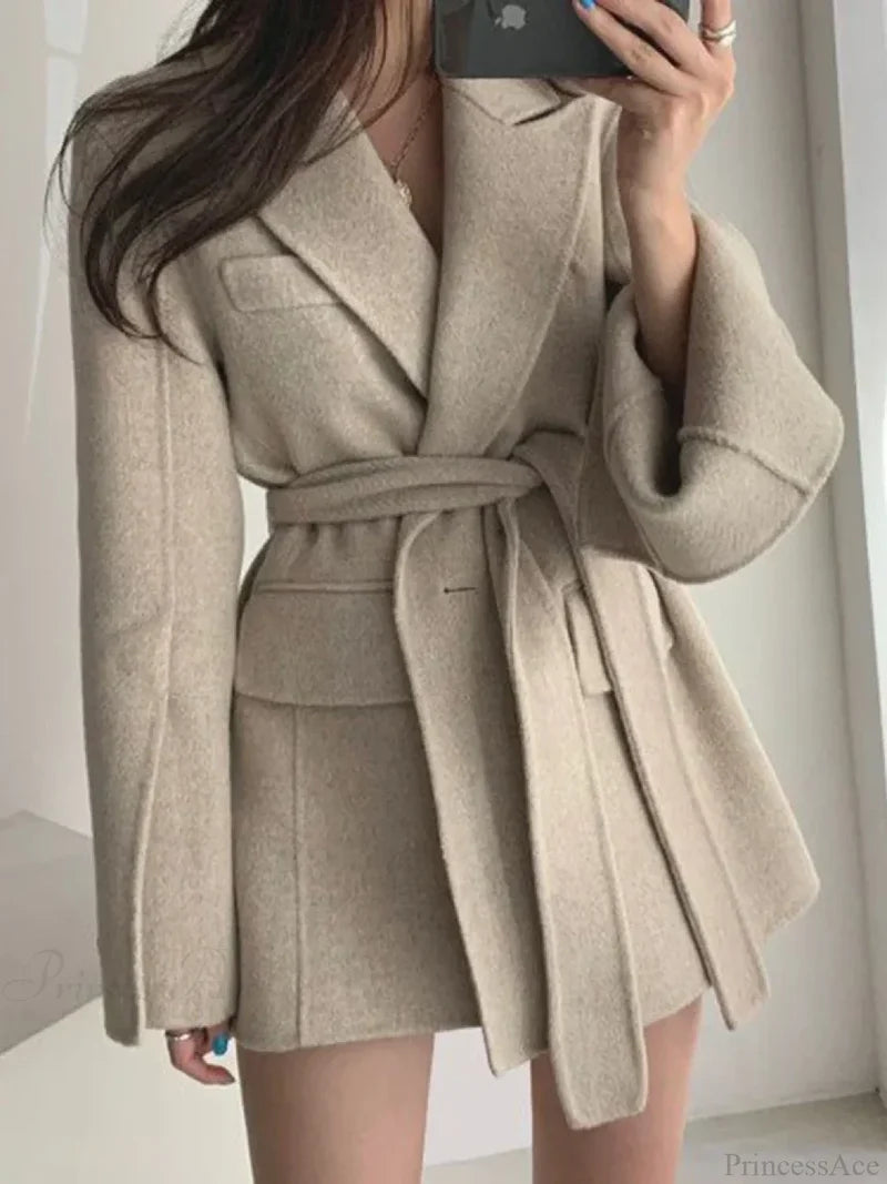 Lapel Belted Spliced Pockets Overcoat Apricot / One Size
