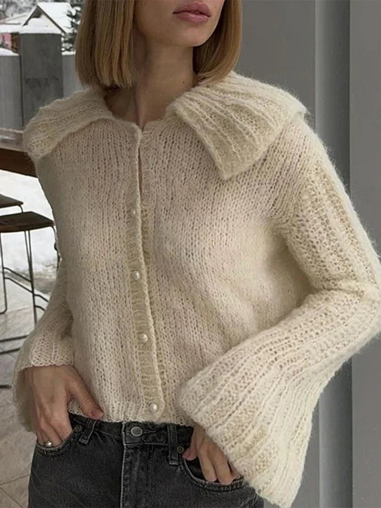 Lapel Pearl Single-Breasted Cardigan Cardigan-241208