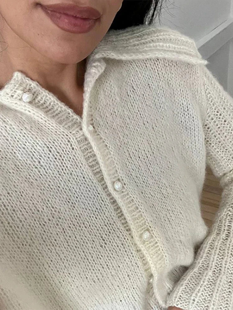 Lapel Pearl Single-Breasted Cardigan Cardigan-241208