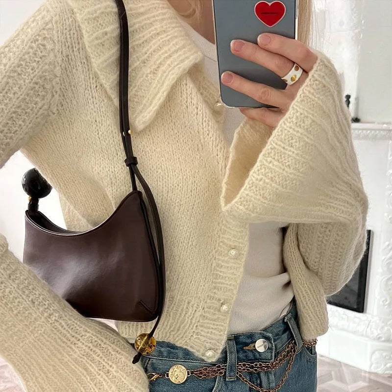 Lapel Pearl Single-Breasted Cardigan Beige / S Cardigan-241208