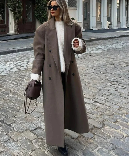 Lapel Woolen Double-Breasted Shoulder Pad Overcoat