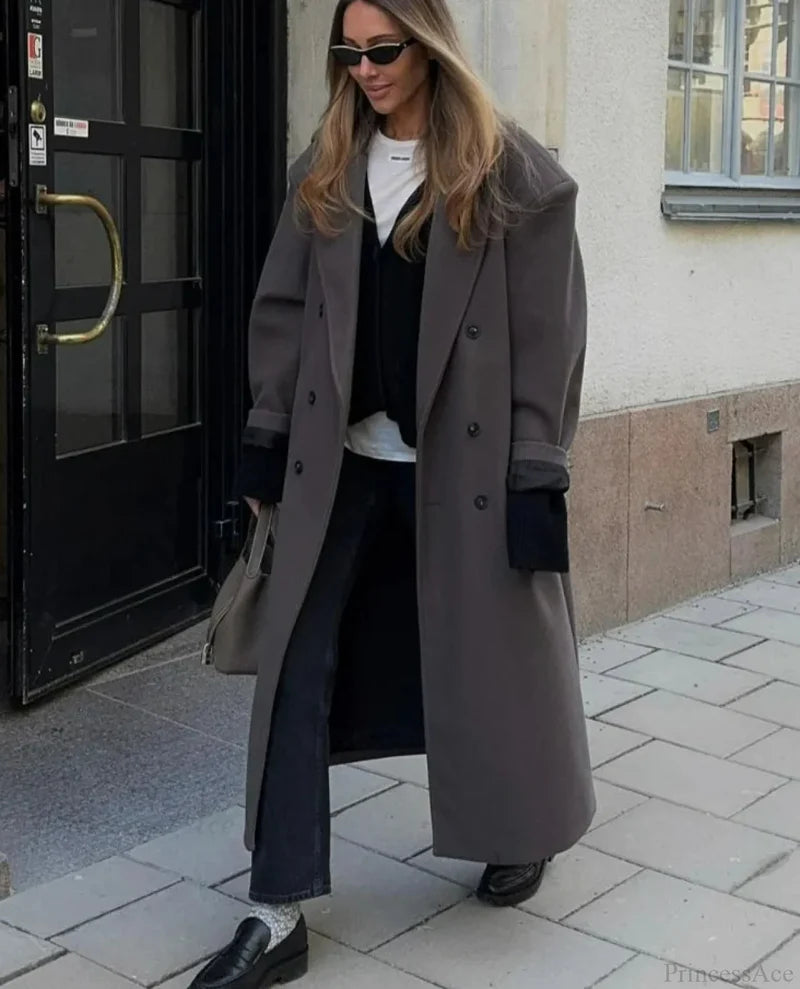Lapel Woolen Double-Breasted Shoulder Pad Overcoat gray / S