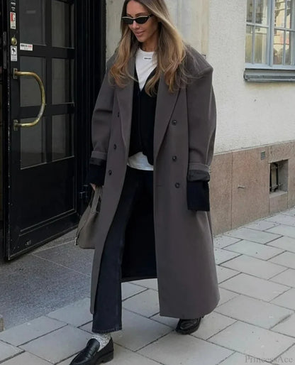 Lapel Woolen Double-Breasted Shoulder Pad Overcoat gray / S