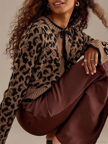 Leopard Print Ribbed Tie Front Knit Cardigan