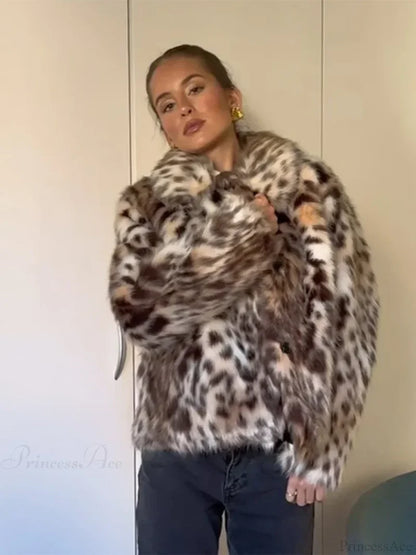 Leopard Print Turn-Down Collar Coat leopard print / XS