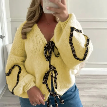 Leopard Ribbon Tie V-Neck Cardigan Yellow / S Cardigan-241208