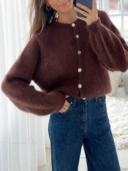 Lightweight Long Sleeve Solid Knit Cardigan brown / S