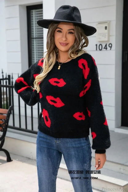 Lip Fur Crochet Work Sweater Black / S