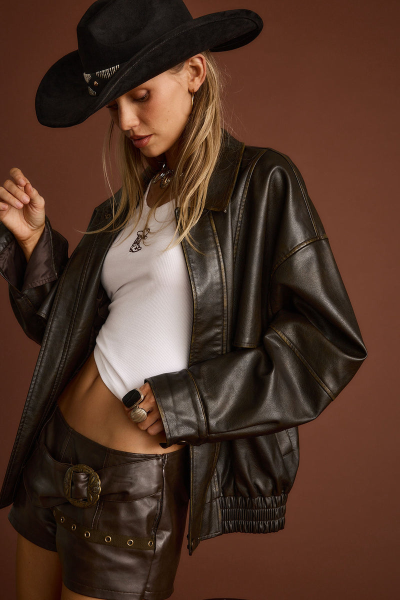Brown faux leather and leather oversized jacket with refined accents, a brown oversized jacket essential.