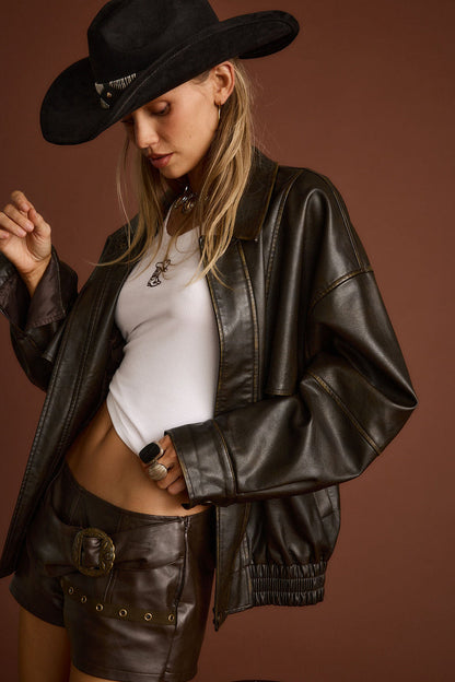 Brown faux leather and leather oversized jacket with refined accents, a brown oversized jacket essential.