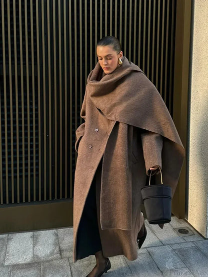 Long Scarf Wool Blends Coat Brown / S