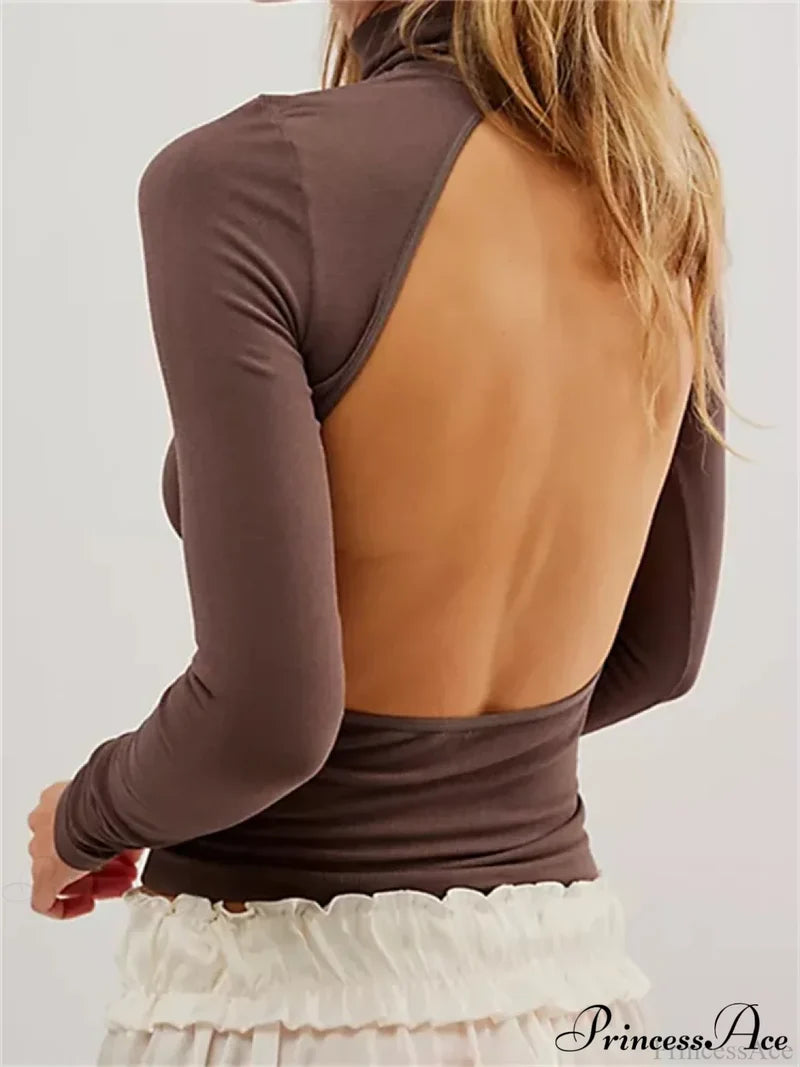 Long Sleeve High Neck Backless Slim Fit Solid Color T-Shirts D / S