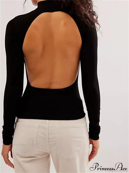 Long Sleeve High Neck Backless Slim Fit Solid Color T-Shirts A / S