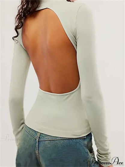 Long Sleeve High Neck Backless Slim Fit Solid Color T-Shirts C / S