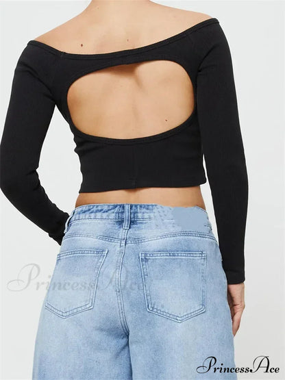 Long Sleeve Off-Shoulder Solid Slim Fit Ribbed Hollow Out T-Shirts