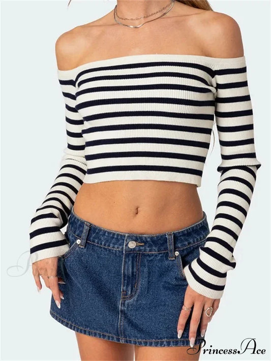 Long Sleeve Off-Shoulder Striped Exposed Navel T-Shirts Black / S