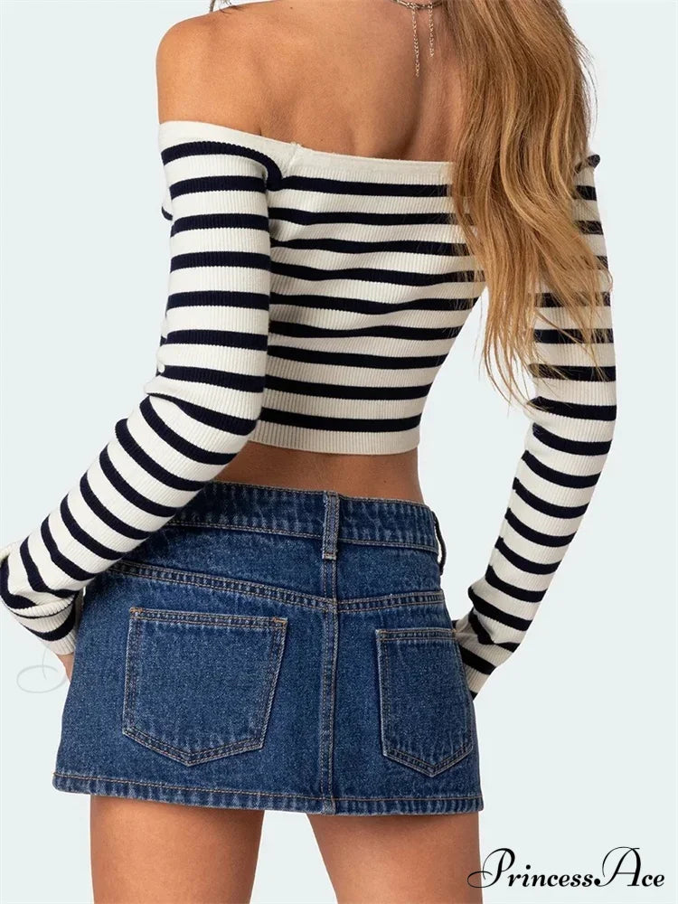 Long Sleeve Off-Shoulder Striped Exposed Navel T-Shirts
