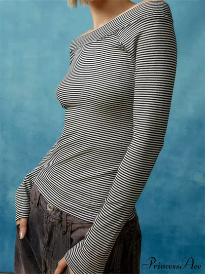 Long Sleeve Slim Colorful Striped Print Slash Neck T-Shirts Grey / S