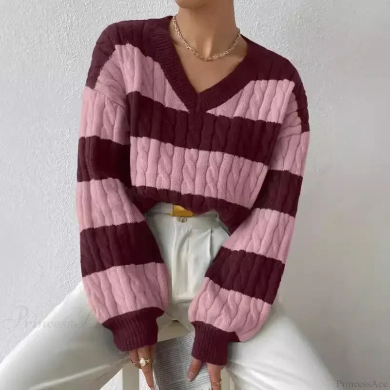 Loose Knit V-neck Vintage Pullover Sweater Purple / S