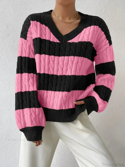 Loose Knit V-neck Vintage Pullover Sweater Pink / S