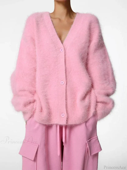 Loose Off Shoulder V-neck Cardigan Pink / S