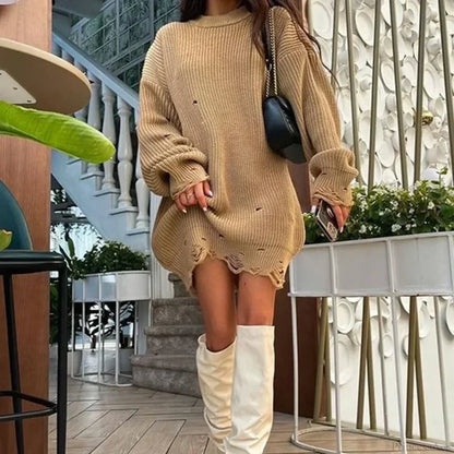 Loose Solid Ripped Round Neck Sweater Khaki / One Size