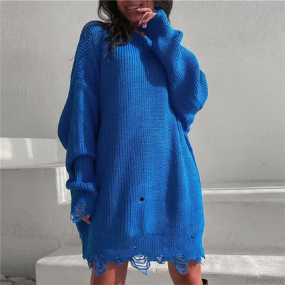 Loose Solid Ripped Round Neck Sweater Blue / One Size